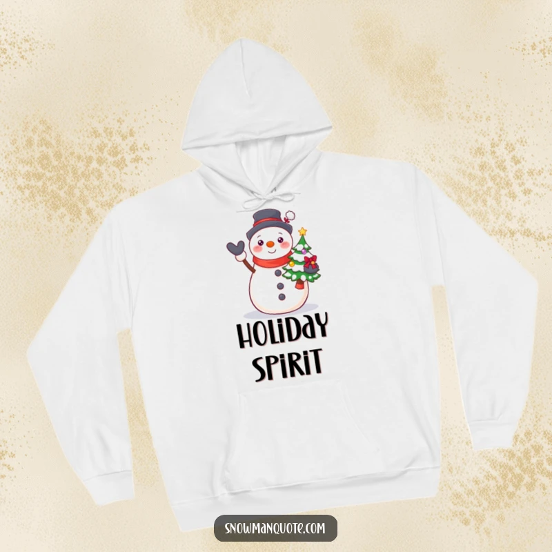 Funny Proud Snowman Tree Hoodie featuring a beaming snowman proudly presenting a small, decorated Christmas tree with festive joy.