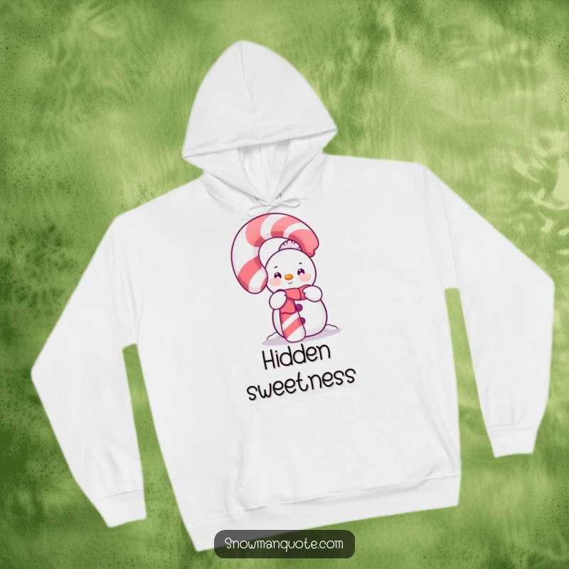 Funny Shy Snowman Candy Cane Hoodie showing a bashful snowman peeking behind a large, glittering candy cane with festive cheer.