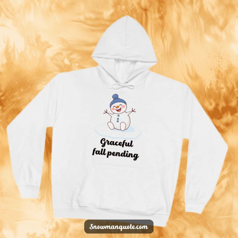 Funny hooded sweatshirt featuring a snowman comically slipping on ice, embodying hilarious winter mishaps.