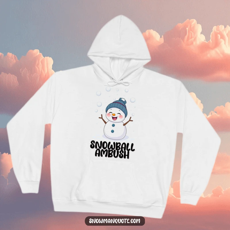 Funny hoodie design of a giggling snowman being playfully pelted with snowballs. Cozy apparel for those who find humor in winter's playful challenges.