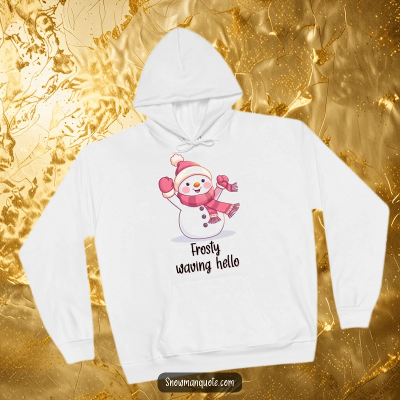 Funny snowman hoodie showing a happy winter character waving a banner from its scarf, perfect for staying warm with a humorous and festive touch.