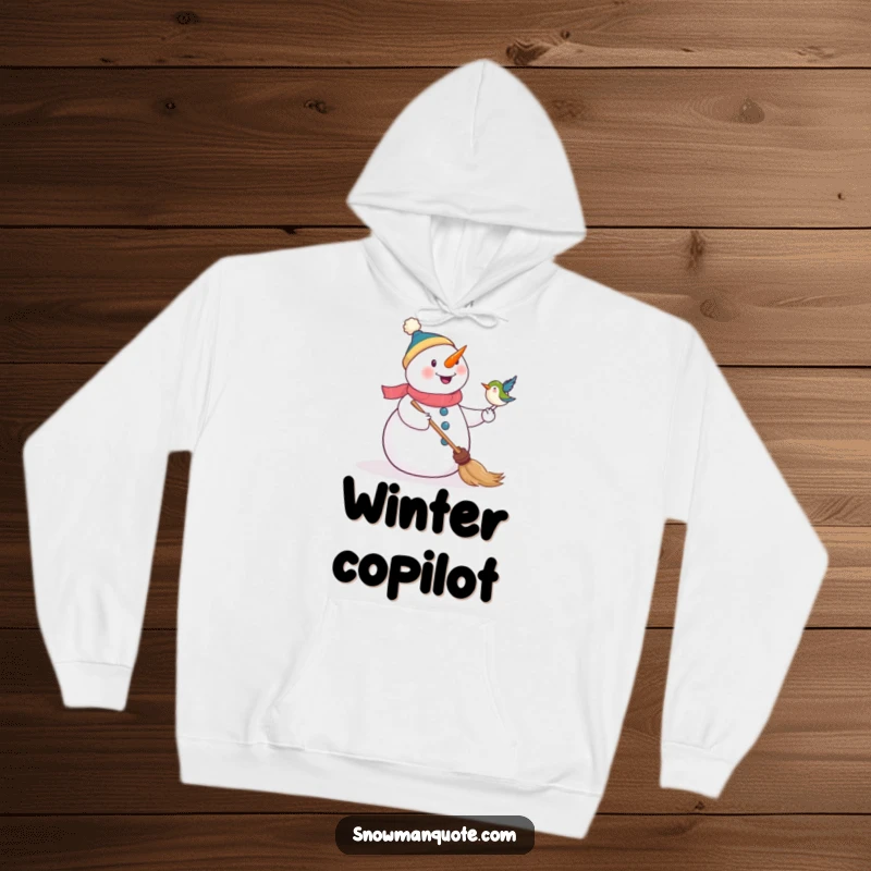 Funny hoodie showing a contented snowman enjoying a bird landing on its broom, a heartwarming and humorous winter scene.