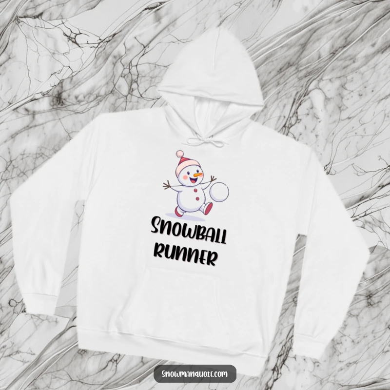 Funny snowman hoodie showing a happy winter character chasing a bouncing snowball, perfect for staying warm with a humorous and playful touch.