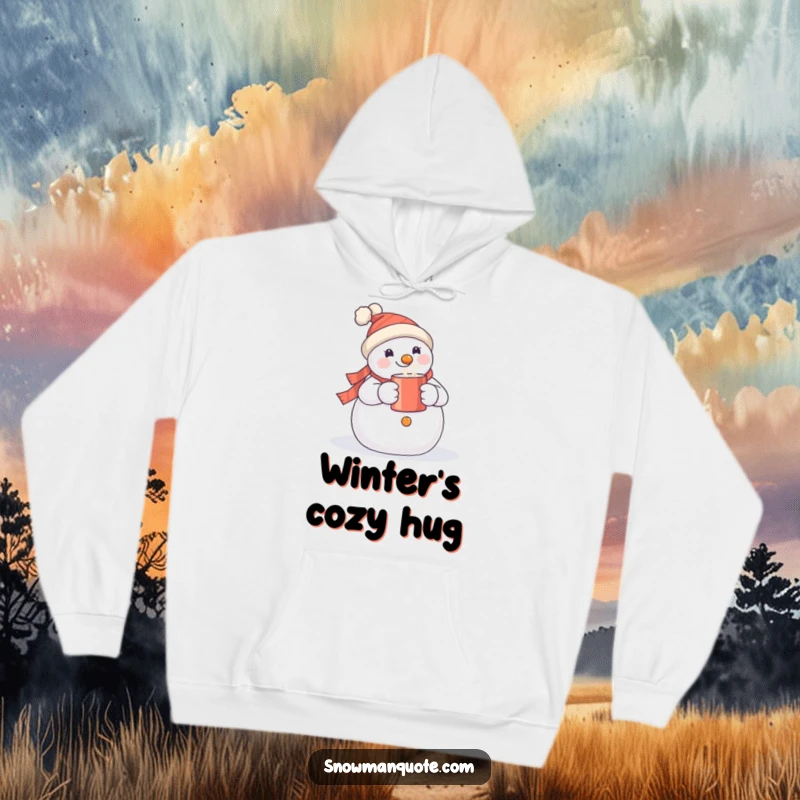 Funny snowman hoodie featuring a happy snowman embracing a steaming mug, ideal for cozy, humorous winter wear.