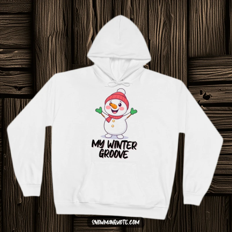A cheerful snowman with a carrot nose dancing with its arms. A warm hoodie.