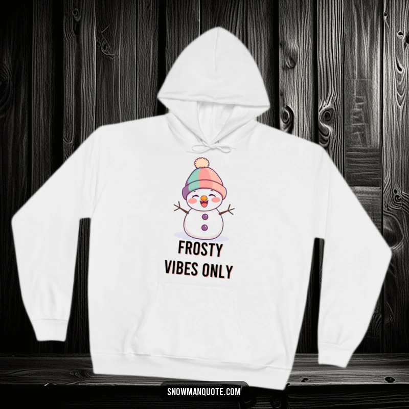 Funny snowman hoodie featuring a gleeful snowman in a lopsided hat, captured in a moment of pure, infectious laughter.