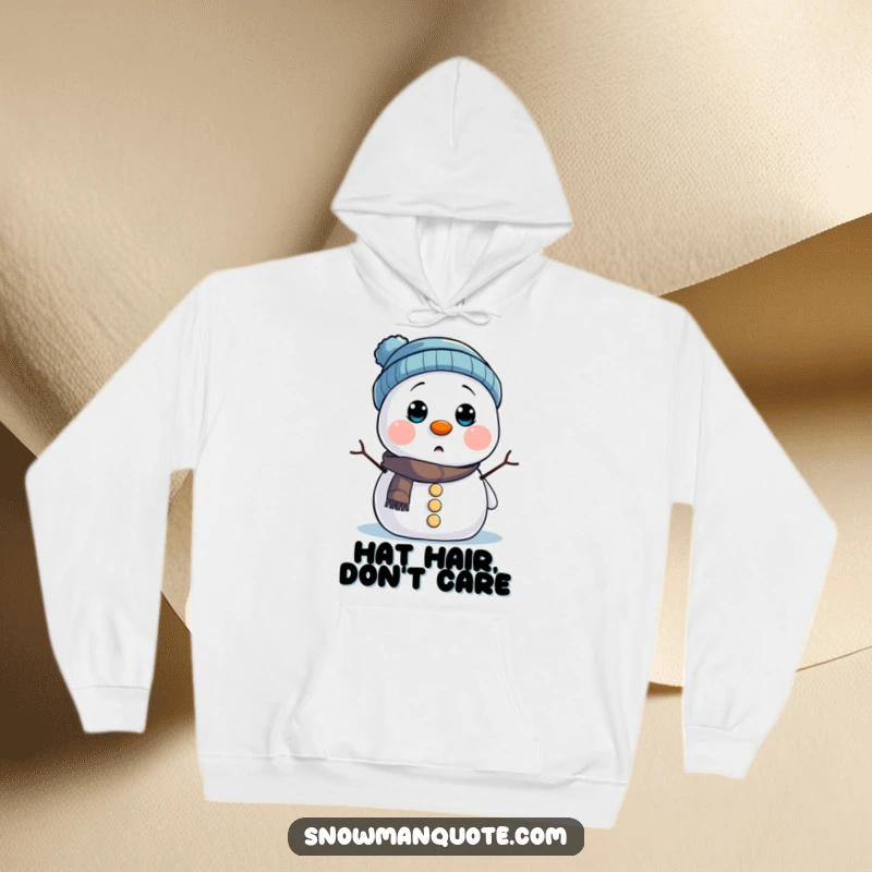 Funny Hoodie: A snowman comically hiding under its hat, with only button eyes visible. Cozy humor for winter days.