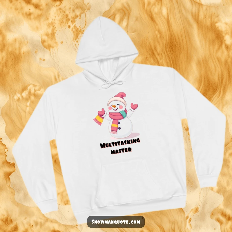 Funny Hoodie: A giggling snowman juggling bright scarves, offering warmth and a dose of winter merriment. Cozy and comical.