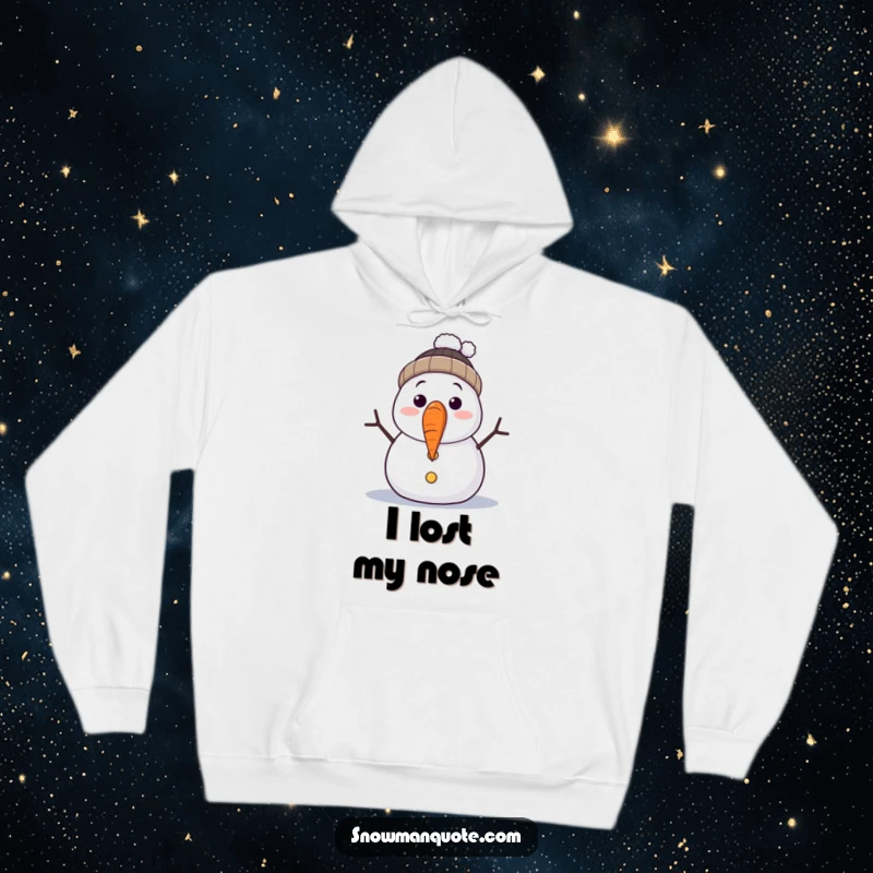 Funny hoodie depicting a startled snowman with its carrot nose falling off. The design evokes a sense of playful winter disaster.