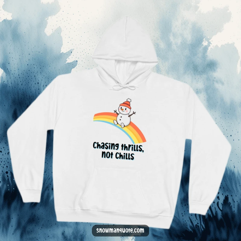 Funny snowman hoodie, featuring a cheerful character with a tiny hat sliding down a bright rainbow, ideal for cozy laughs.