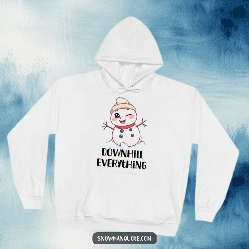 Funny Hoodie: A winking snowman joyfully rolling downhill, offering warmth and a dose of playful mischief. Cozy and adventurous.