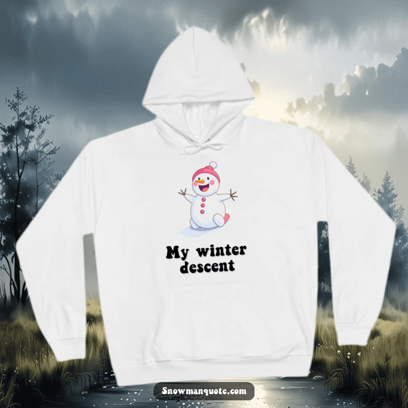 Funny cheerful snowman rolling energetically down a snowy hill, a warm and humorous hooded sweatshirt.