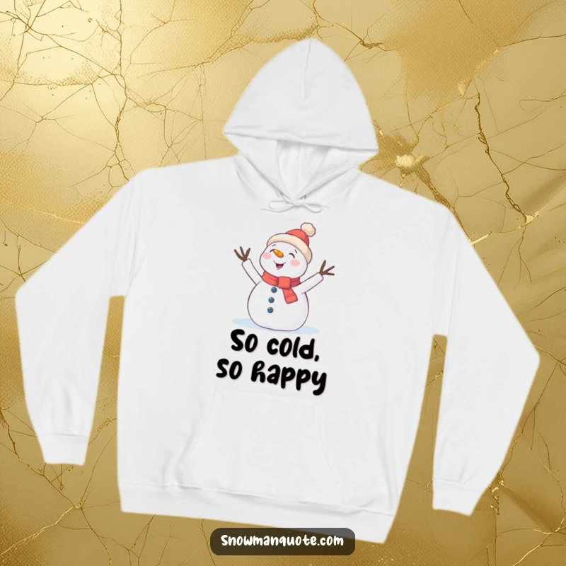 Funny Hoodie: A charming snowman with twig arms waving enthusiastically beneath gently falling snowflakes, exuding winter happiness.