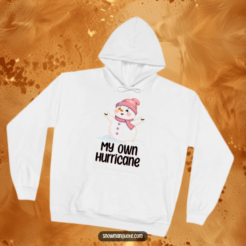 Funny snowman hoodie depicting a snowman caught in a gentle wind gust with arms aflutter, offering cozy comfort and humorous winter vibes.