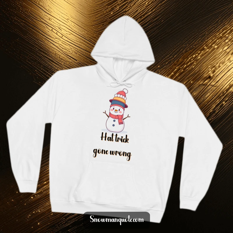 Funny hoodie design of a wobbly snowman struggling to balance an immense stack of hats. Offers warmth and a humorous nod to life's challenges.