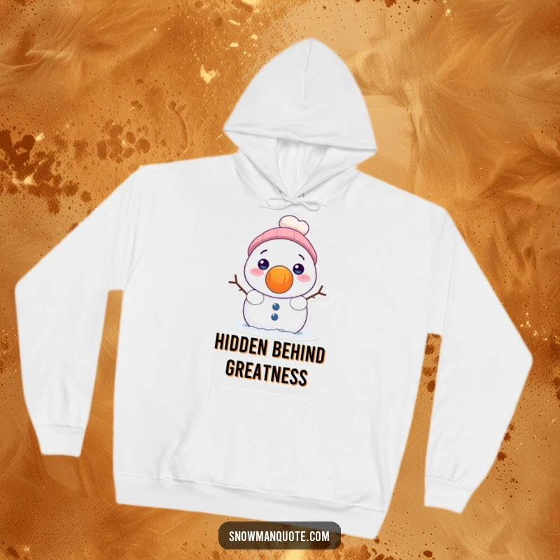 Funny hoodie featuring a shy snowman peeking from behind a comically large carrot nose, perfect for winter coziness.