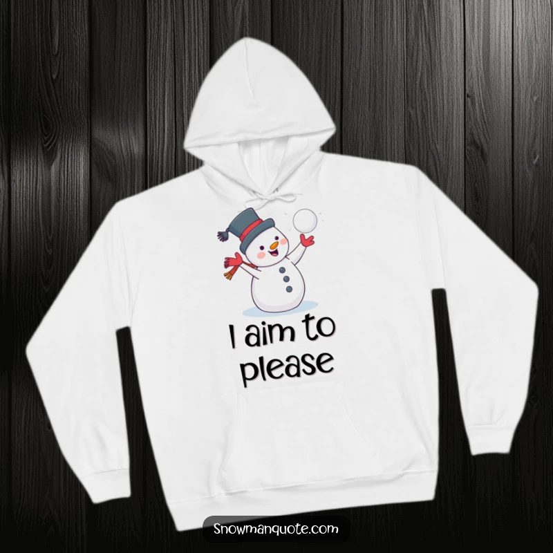 Funny, cozy hoodie featuring a jolly snowman with a grin, throwing a snowball, embodying winter cheer and playful spirit.