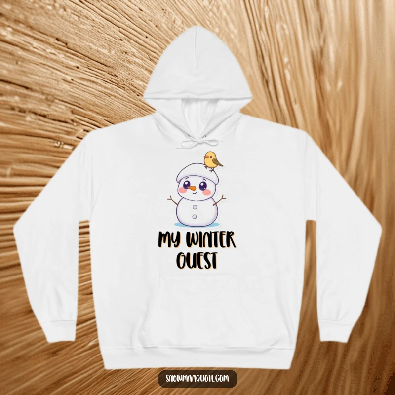 Funny Snowman Hoodie: A surprised snowman with round eyes is charmed by a tiny bird perched on its hat, offering cozy winter vibes.