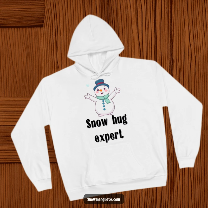 Funny, cozy hoodie featuring a snowman with outstretched arms embracing a falling snowflake, offering a sense of winter peace.