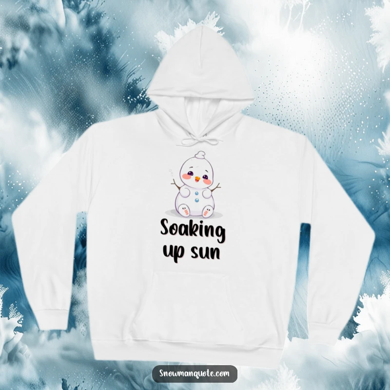 Funny snowman hoodie, melting slightly with a happy sigh, offering warmth and humorous charm, a perfect cozy gift for winter lovers.