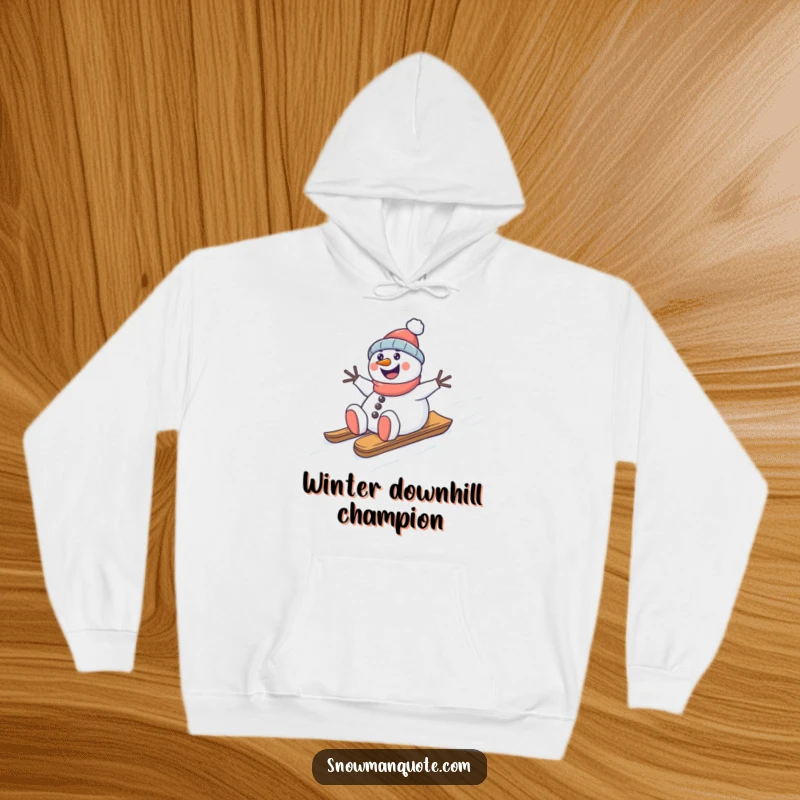 Funny snowman hoodie, happily sledding down a snowy hill, cozy and hilarious winter apparel, perfect gift.