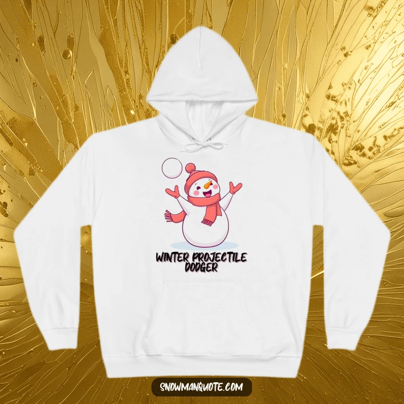 Funny Snowman Hoodie: A delighted snowman in a jaunty scarf is shown catching a flying snowball, offering cozy winter fun.