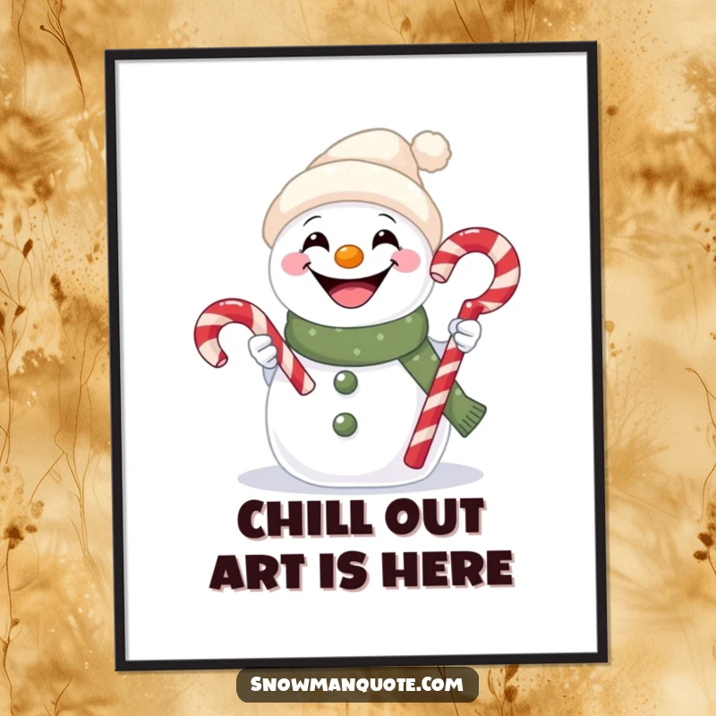 Funny free printable wall art of a beaming snowman holding out a candy cane, spreading sweet, humorous vibes.
