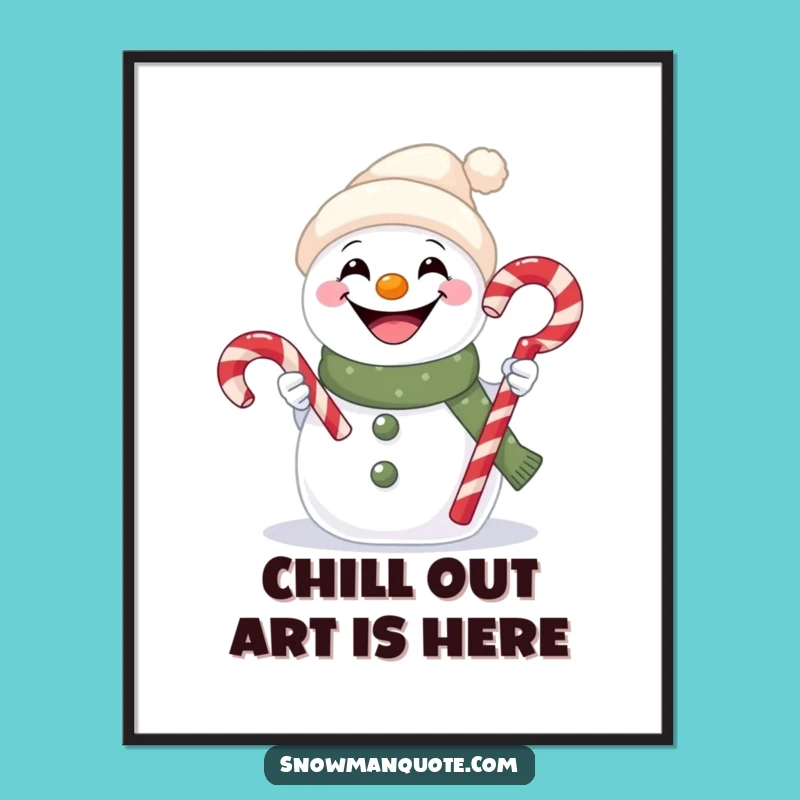 Funny Free Printable Wall Art: Snowman Candy Cane Smile Downloadable Art