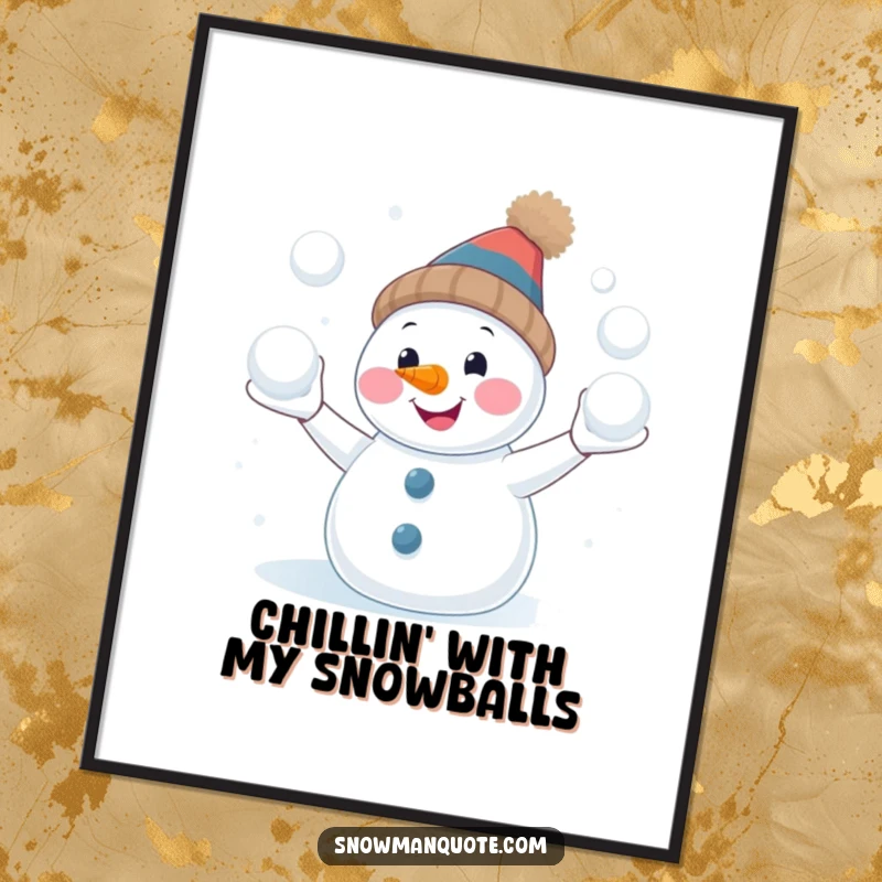 Funny Free Printable Wall Art: Smiling snowman with carrot nose juggling snowballs, bringing wintery fun to your space.
