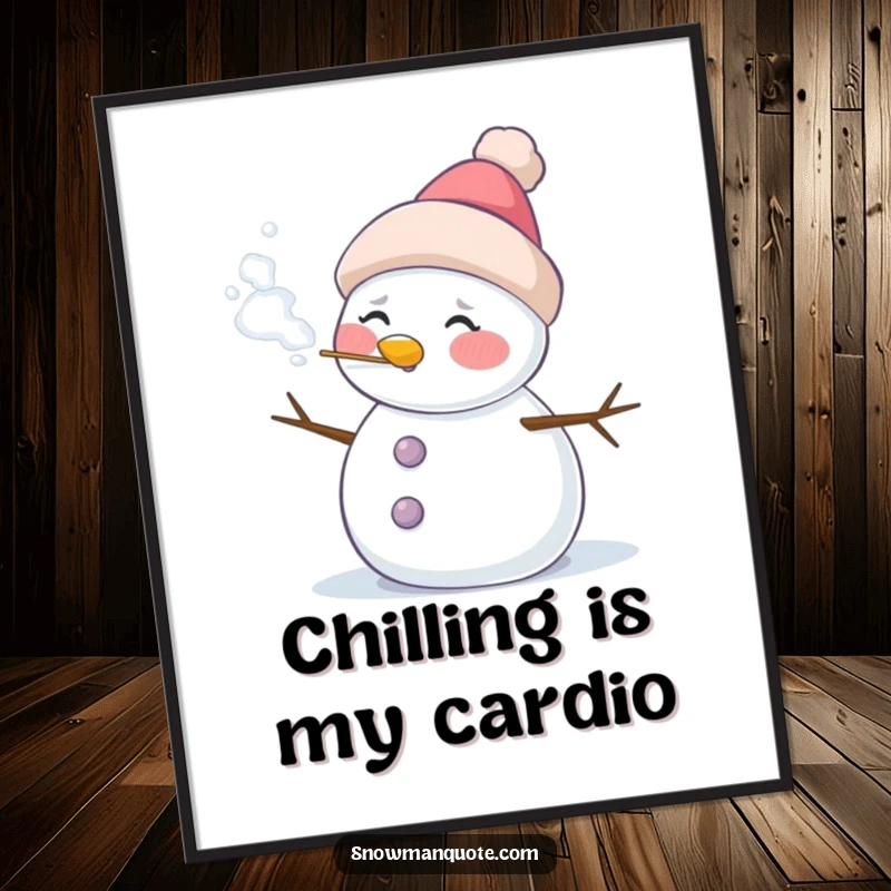 Funny Free Printable Wall Art of a blushing snowman exhaling a visible, frosty puff of cool winter air.