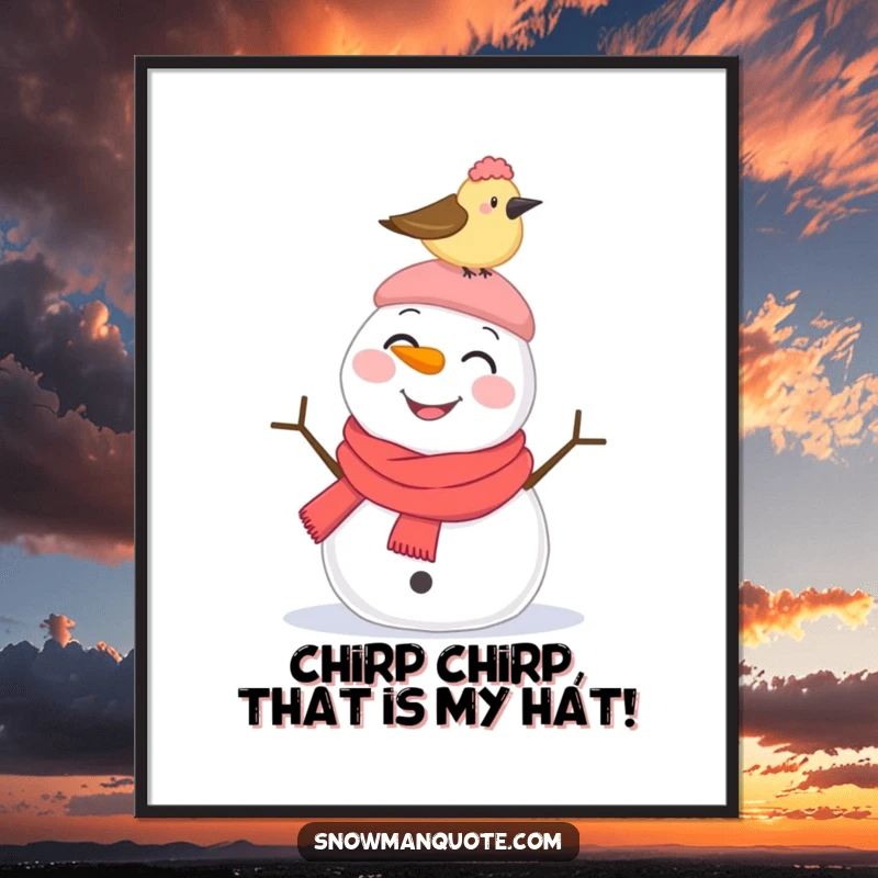 Funny free printable wall art: A smiling snowman looks comically surprised by a small bird pecking its hat.