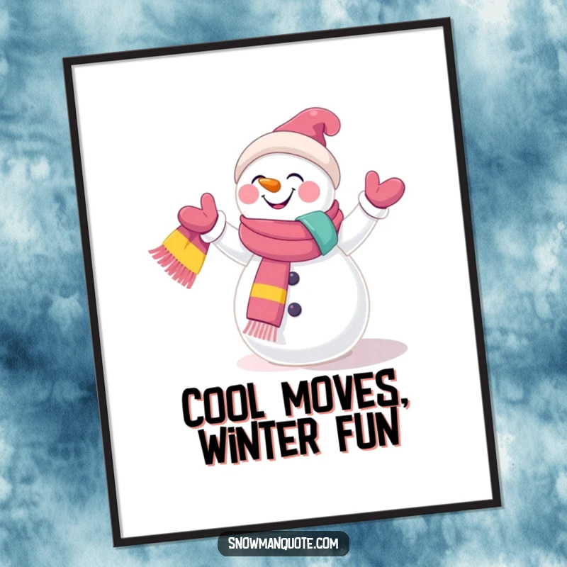 Funny Free Printable Wall Art: Giggling snowman juggling bright scarves, whimsical downloadable decor with a joyful expression.
