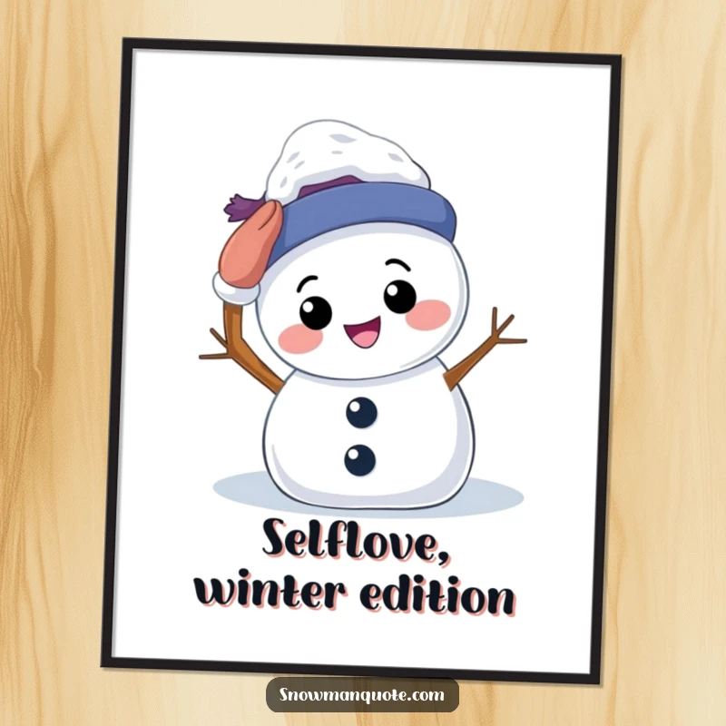Funny Free Printable Wall Art: Smiling snowman attempting to pat its own snowy head, humorous downloadable decor.