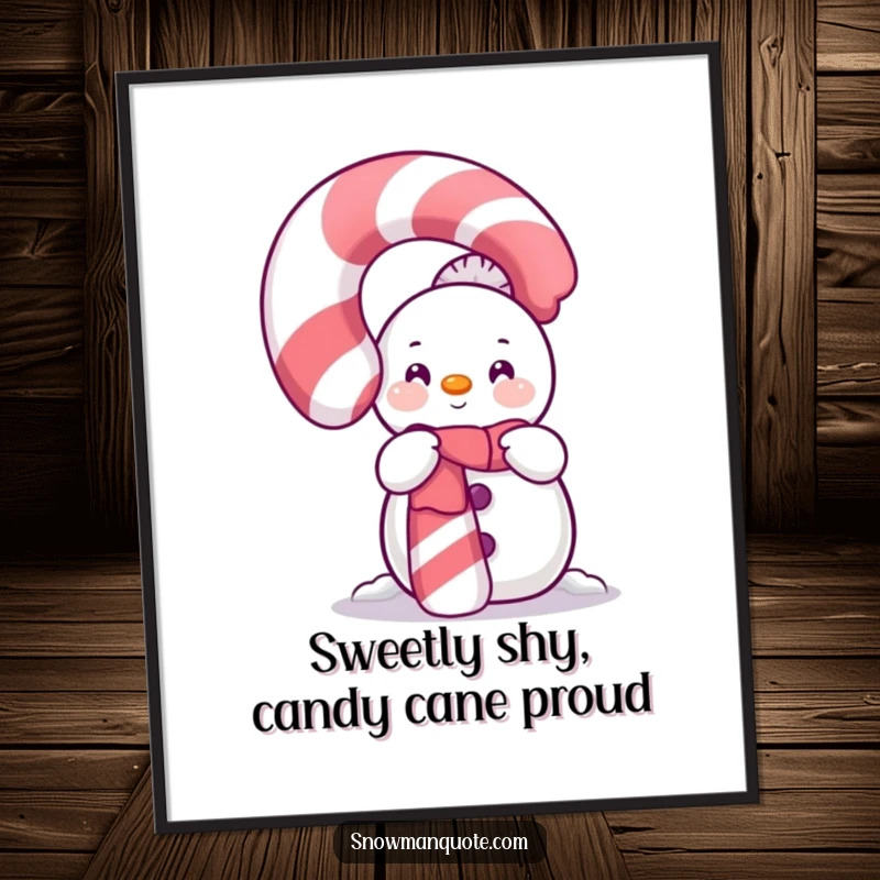 Funny Free Printable Snowman Candy Cane Art: A shy snowman peeks from behind a giant, glittering candy cane, adding playful charm.