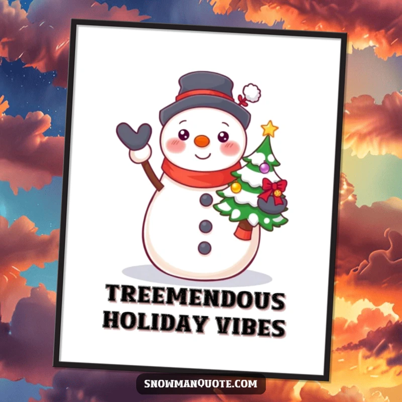 Funny Free Printable Snowman Christmas Tree Art: A proud snowman beams while presenting a small, beautifully decorated Christmas tree, perfect for decor.