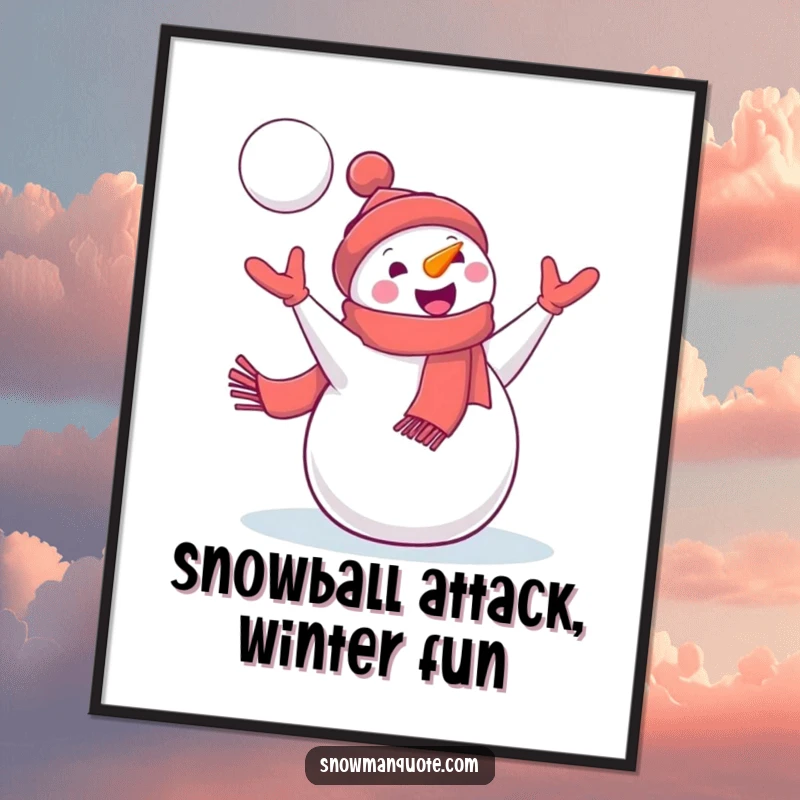 Funny Free Printable Snowman Wall Art: Delighted snowman in scarf catching flying snowball, winter action scene, downloadable art