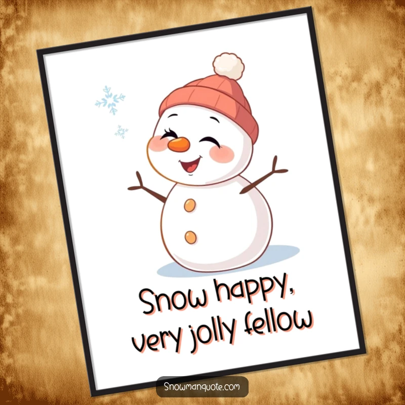Funny Free Printable Snowman Wall Art: Cheerful snowman with carrot nose winking at a falling snowflake, winter theme, art