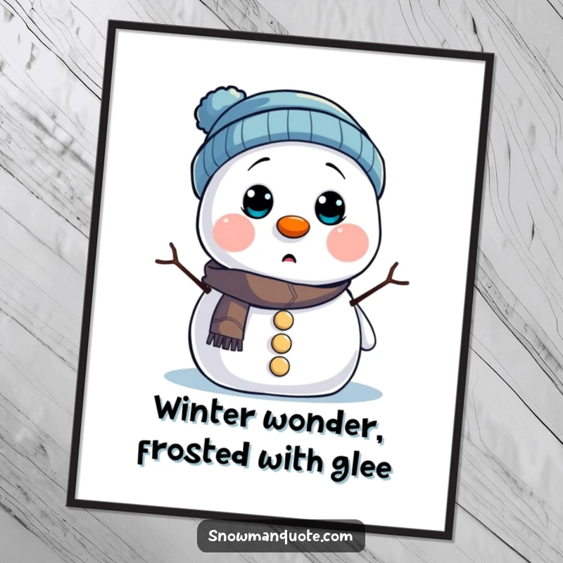 Funny Free Printable Wall Art: Surprised snowman with hat covering eyes, comical downloadable decor with button eyes.