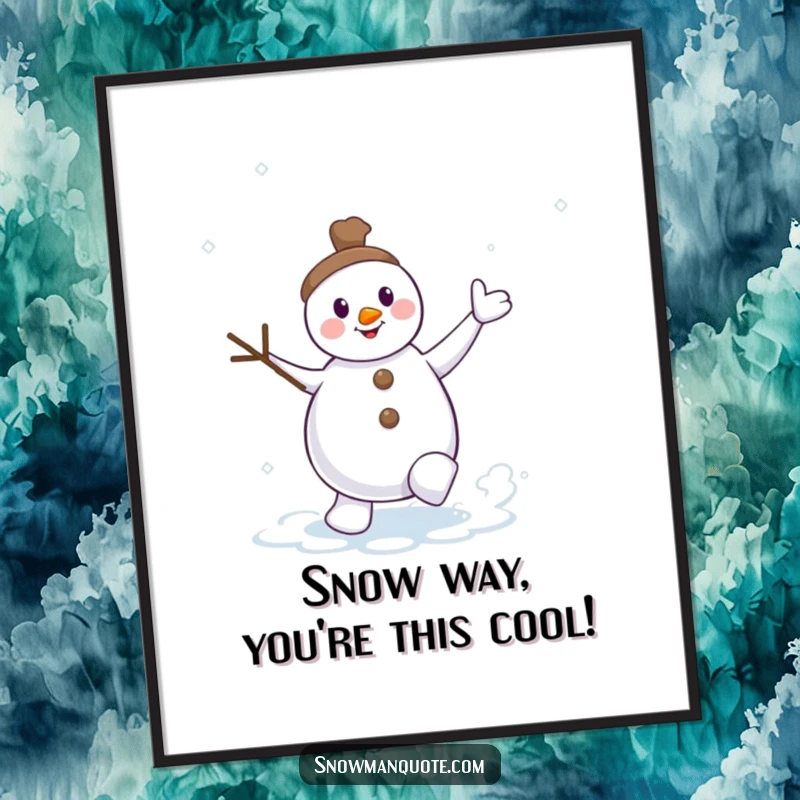 Funny Free Printable Wall Art: Dancing snowman with twig arms waving, kicking up a dramatic swirl of snow.