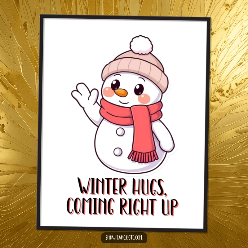 Funny free printable wall art: A charming snowman with a scarf cheerfully waves hello with its visible button eye.