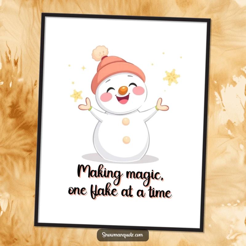 Funny Free Printable Wall Art, smiling snowman artistically juggling glowing snowflakes, wintery and cheerful decoration