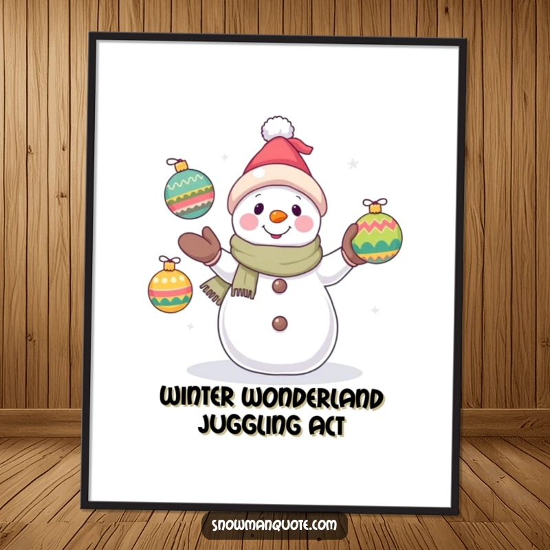 Funny Free Printable Wall Art: A snowman skillfully juggling colorful ornaments with a hopeful and endearing expression, perfect for winter decor.