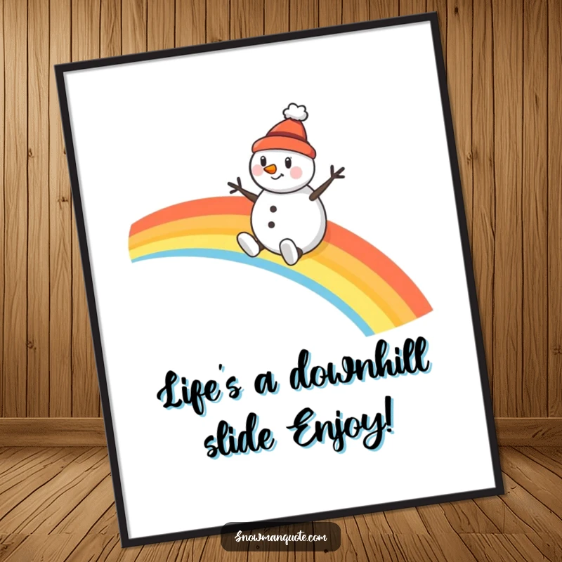 Funny Free Printable Wall Art: Cheerful snowman in a tiny hat slides down a vibrant rainbow, bringing smiles.