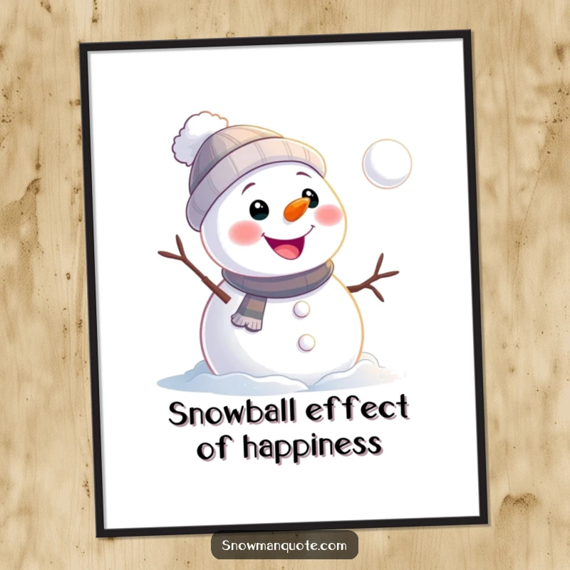 Funny Free Printable Wall Art: A snowman with a cheerful grin watches a snowball playfully roll away in a humorous winter scene.