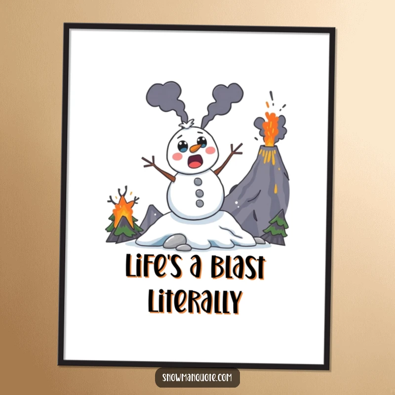 Funny Free Printable Wall Art: Surprised snowman with wide coal eyes leaps from an erupting, fiery volcano.