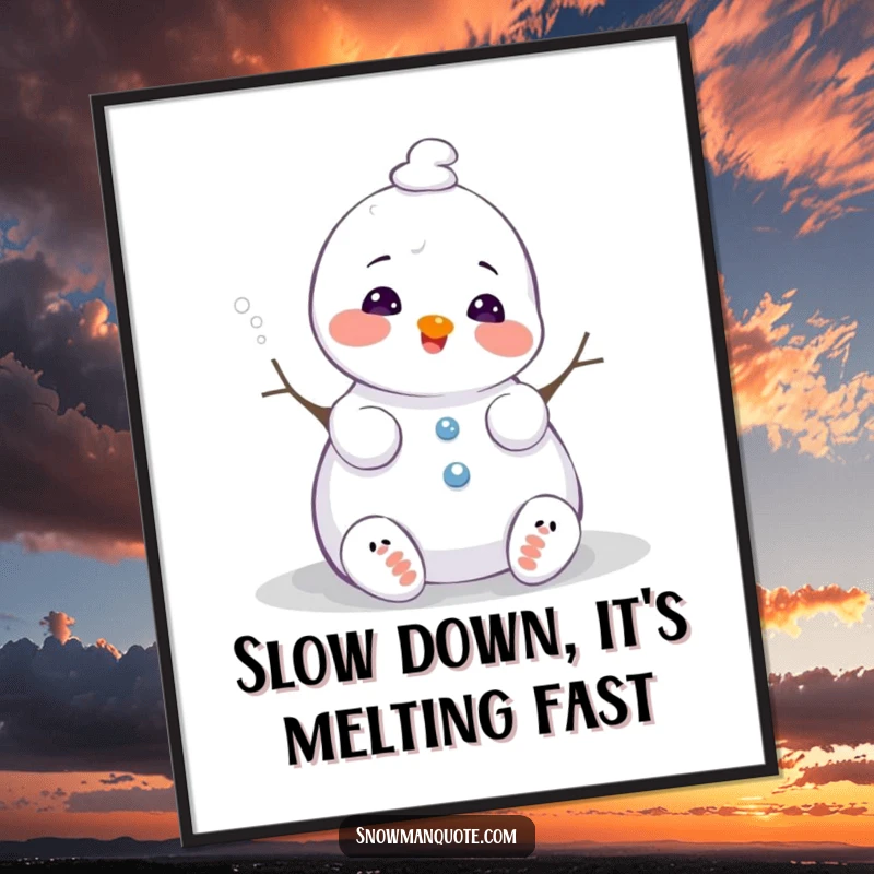 Funny Free Printable Wall Art: A snowman melting slightly with a happy, contented sigh, radiating winter cheer.