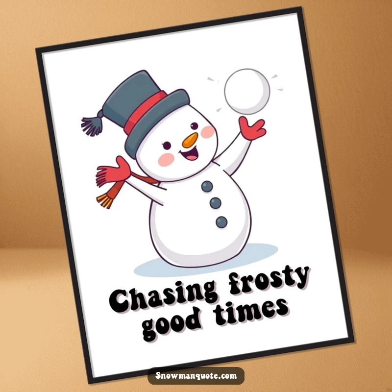 Funny Free Printable Wall Art: A jolly snowman with a wide grin, preparing to throw a snowball.