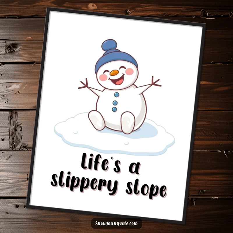 Funny Free Printable Wall Art: A smiling snowman comically slips on a patch of ice, bringing a dose of wintery humor to the walls.