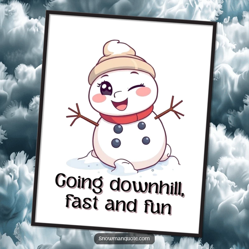 Funny Free Printable Wall Art: Winking snowman rolling downhill with a mischievous glint, downloadable playful decor.