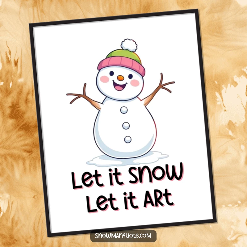 Funny free printable wall art of a snowman joyfully shimmying with its twig arms, bringing a fun, dancing vibe.